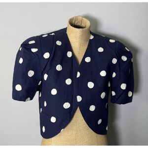VTG 90s 80s Bolero Shrug Jacket Polka Dot Navy Shoulder Pads Pinup Retro Sz 8